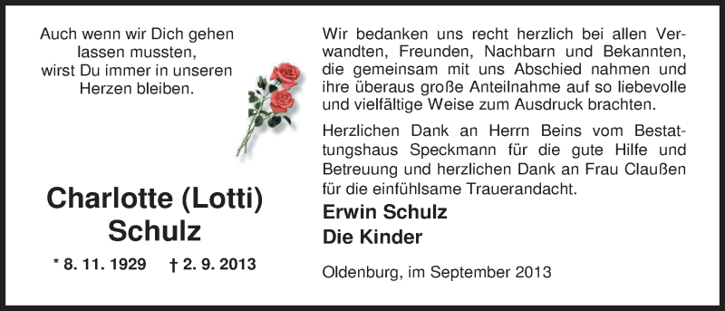  Traueranzeige für Charlotte Schulz vom 28.09.2013 aus Nordwest-Zeitung