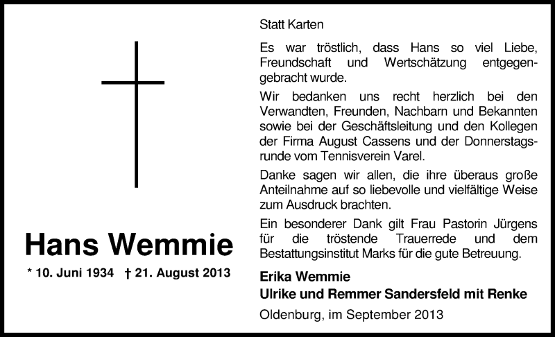  Traueranzeige für Hans Wemmie vom 28.09.2013 aus Nordwest-Zeitung