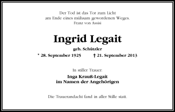 Traueranzeige von Ingrid Legait von Nordwest-Zeitung