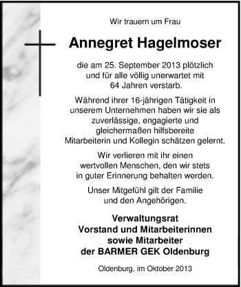 Traueranzeige von Annegret Hagelmoser von Nordwest-Zeitung