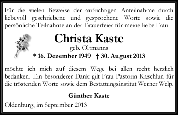 Traueranzeige von Christa Kaste von Nordwest-Zeitung