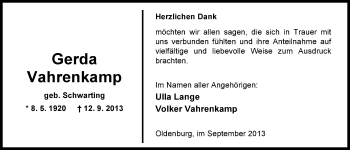 Traueranzeige von Gerda Vahrenkamp von Nordwest-Zeitung