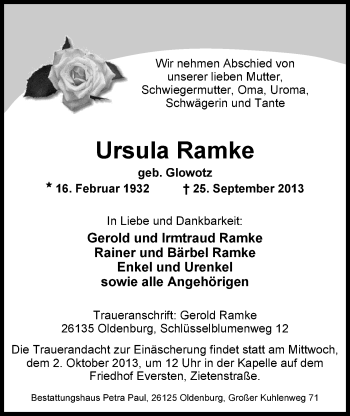 Traueranzeige von Ursula Ramke von Nordwest-Zeitung