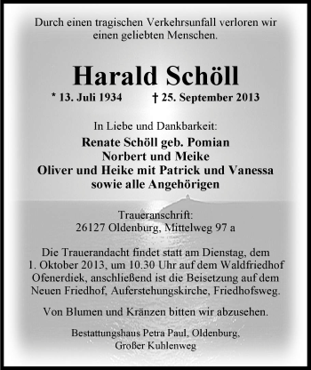 Traueranzeige von Harald Schöll von Nordwest-Zeitung