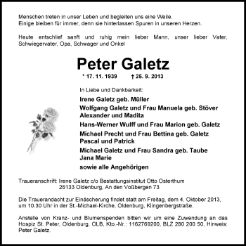 Traueranzeige von Peter Galetz von Nordwest-Zeitung