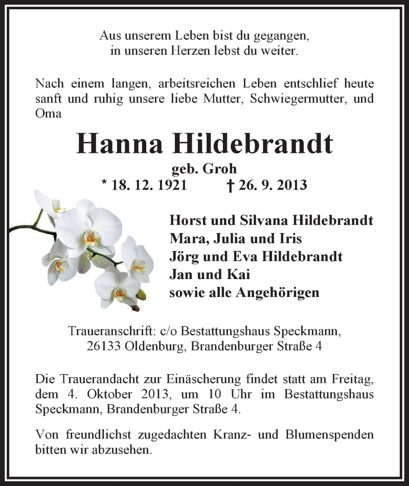  Traueranzeige für Hanna Hildebrandt vom 28.09.2013 aus Nordwest-Zeitung