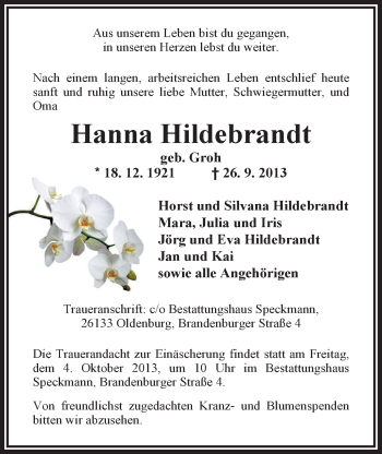 Traueranzeige von Hanna Hildebrandt von Nordwest-Zeitung