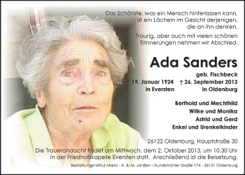 Traueranzeige von Ada Sanders von Nordwest-Zeitung