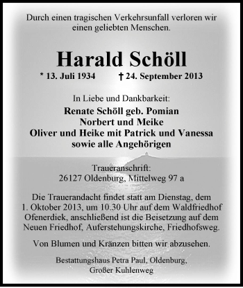 Traueranzeige von Harald Schöll von Nordwest-Zeitung