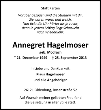 Traueranzeige von Annegret Hagelmoser von Nordwest-Zeitung