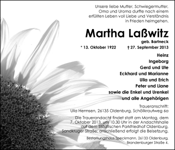 Traueranzeige von Martha Laßwitz von Nordwest-Zeitung