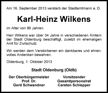 Traueranzeige von Karl-Heinz Wilkens von Nordwest-Zeitung