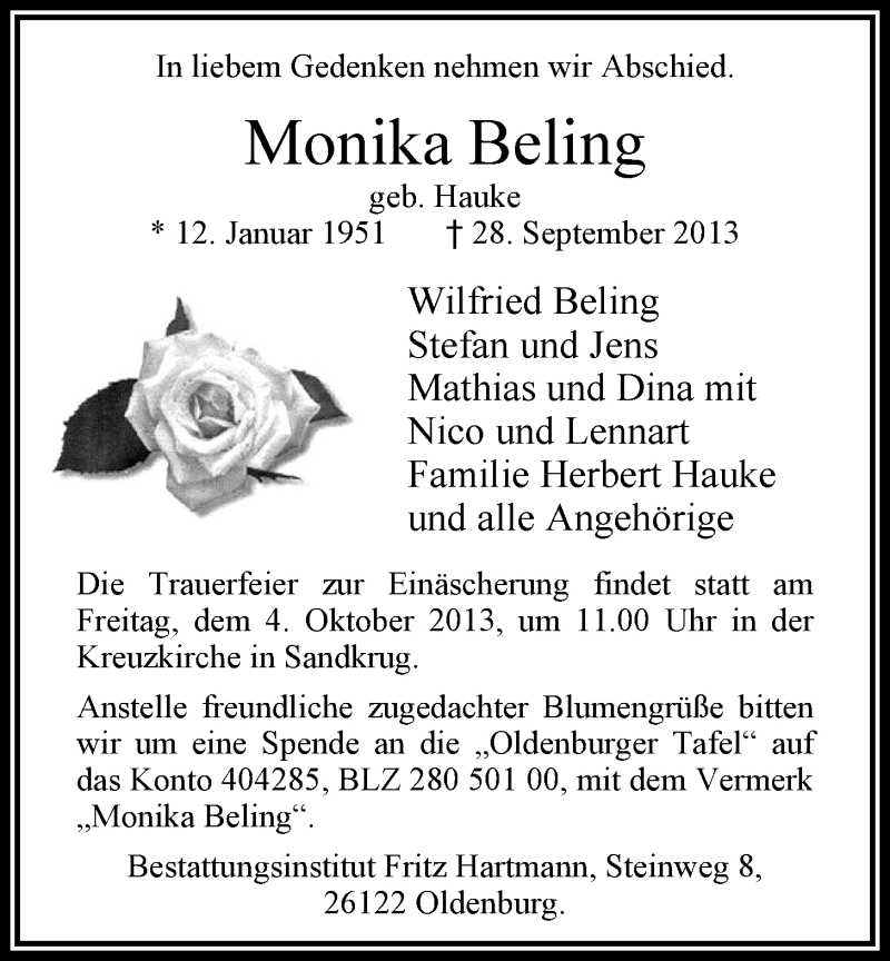  Traueranzeige für Monika Beling vom 01.10.2013 aus Nordwest-Zeitung