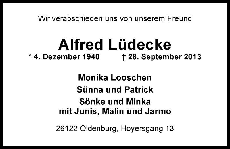  Traueranzeige für Alfred Lüdecke vom 01.10.2013 aus Nordwest-Zeitung
