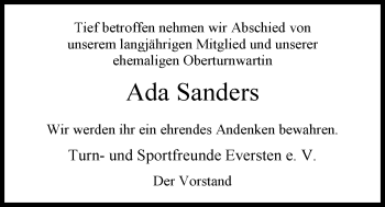 Traueranzeige von Ada Sanders von Nordwest-Zeitung
