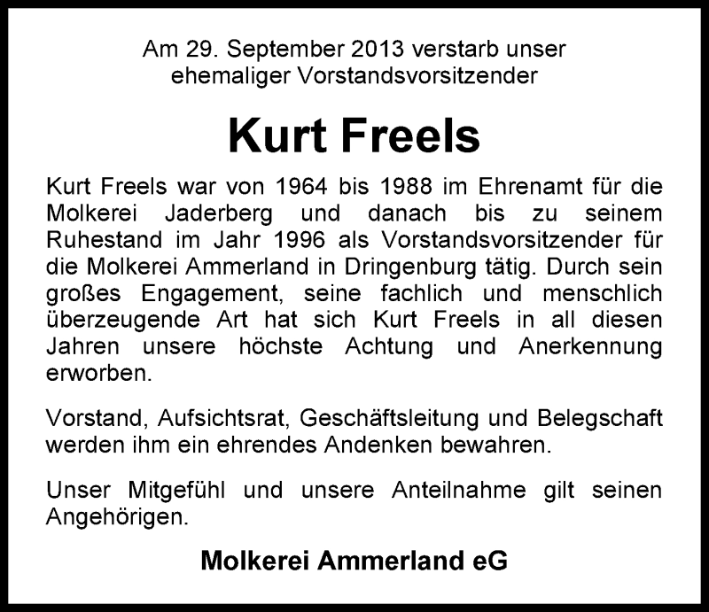  Traueranzeige für Kurt Freels vom 01.10.2013 aus Nordwest-Zeitung