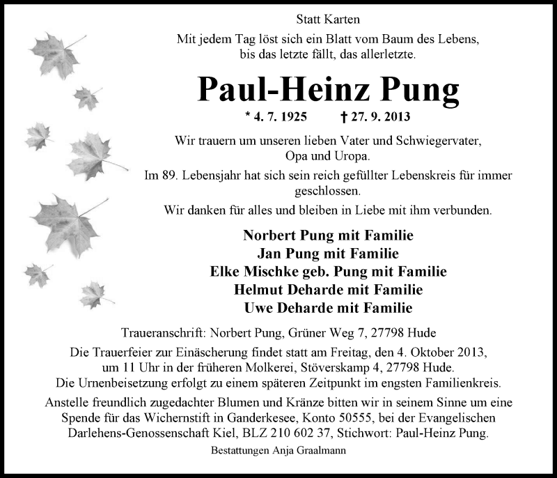  Traueranzeige für Paul-Heinz Pung vom 01.10.2013 aus Nordwest-Zeitung