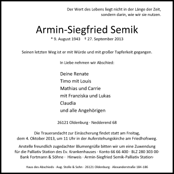 Traueranzeige von Armin-Siegfried Semik von Nordwest-Zeitung