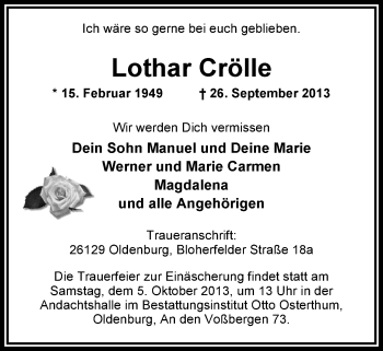 Traueranzeige von Lothar Crölle von Nordwest-Zeitung