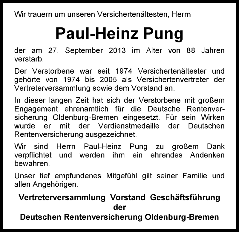  Traueranzeige für Paul-Heinz Pung vom 01.10.2013 aus Nordwest-Zeitung