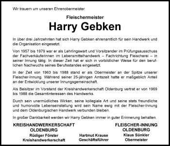 Traueranzeige von Harry Gebken von Nordwest-Zeitung