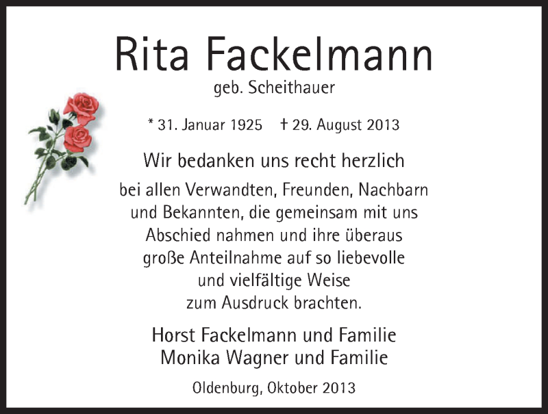  Traueranzeige für Rita Fackelmann vom 05.10.2013 aus Nordwest-Zeitung
