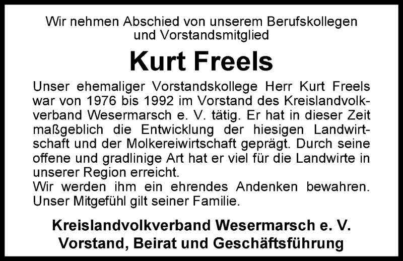  Traueranzeige für Kurt Freels vom 02.10.2013 aus Nordwest-Zeitung
