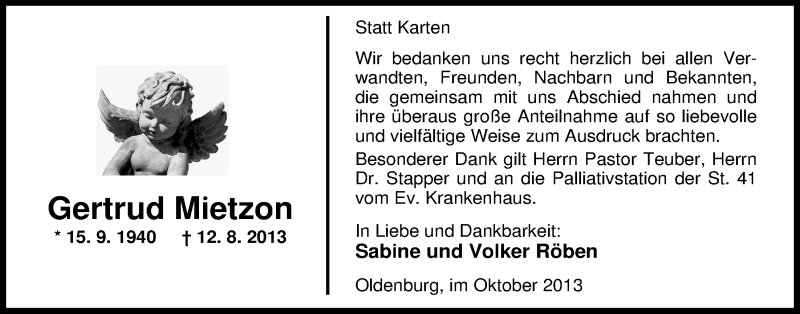  Traueranzeige für Gertrud Mietzon vom 05.10.2013 aus Nordwest-Zeitung