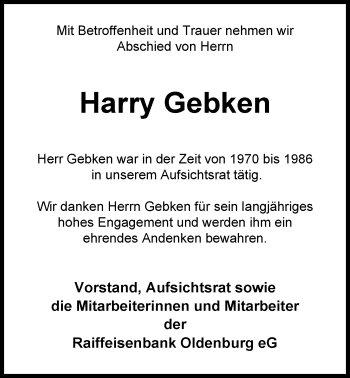 Traueranzeige von Harry Gebken von Nordwest-Zeitung
