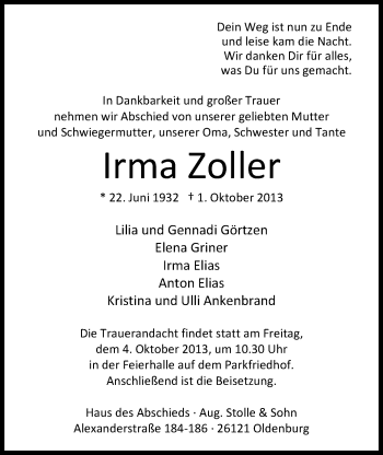Traueranzeige von Irma Zoller von Nordwest-Zeitung