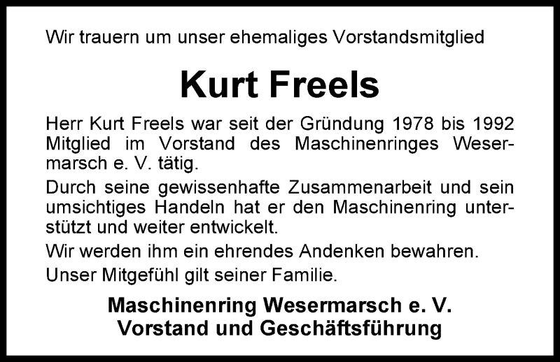  Traueranzeige für Kurt Freels vom 04.10.2013 aus Nordwest-Zeitung