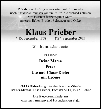 Traueranzeige von Klaus Prieber von Nordwest-Zeitung