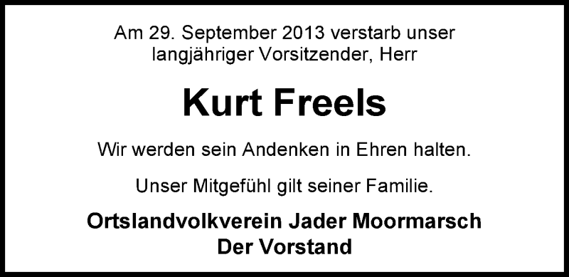  Traueranzeige für Kurt Freels vom 04.10.2013 aus Nordwest-Zeitung