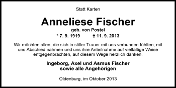 Traueranzeige von Anneliese Fischer von Nordwest-Zeitung