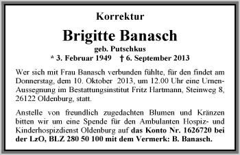 Traueranzeige von Brigitte Banasch von Nordwest-Zeitung