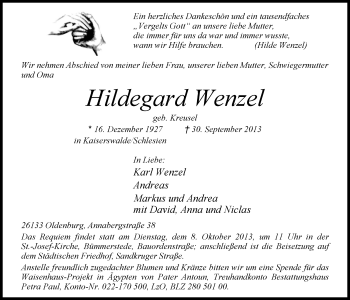 Traueranzeige von Hildegard Wenzel von Nordwest-Zeitung