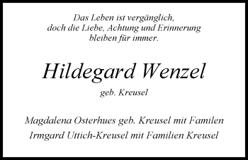 Traueranzeige von Hildegard Wenzel von Nordwest-Zeitung