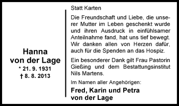 Traueranzeige von Hanna von der Lage von Nordwest-Zeitung