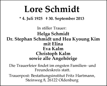 Traueranzeige von Lore Schmidt von Nordwest-Zeitung