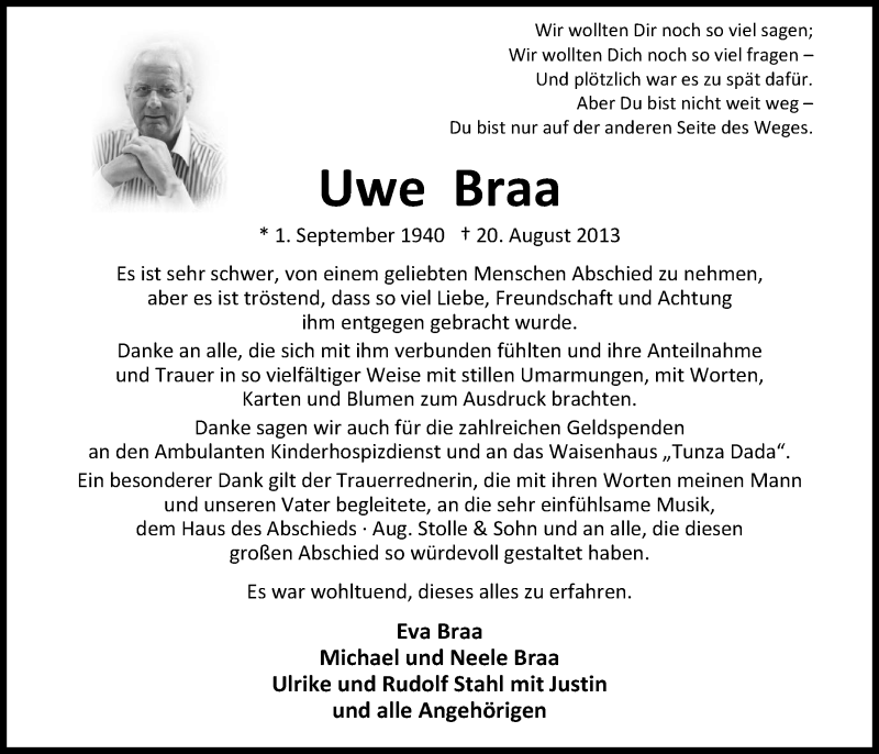  Traueranzeige für Uwe Braa vom 05.10.2013 aus Nordwest-Zeitung