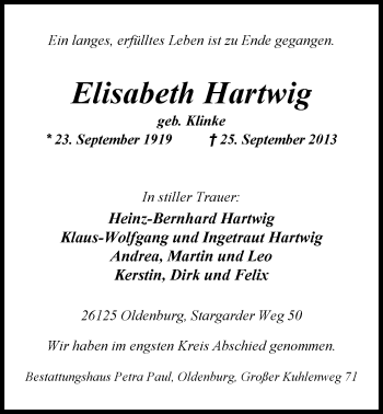 Traueranzeige von Elisabeth Hartwig von Nordwest-Zeitung