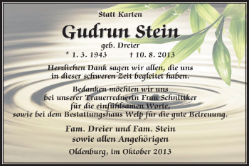 Traueranzeige von Gudrun Stein von Nordwest-Zeitung