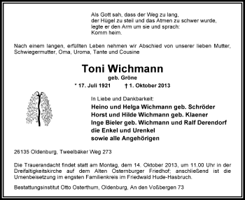 Traueranzeige von Toni Wichmann von Nordwest-Zeitung