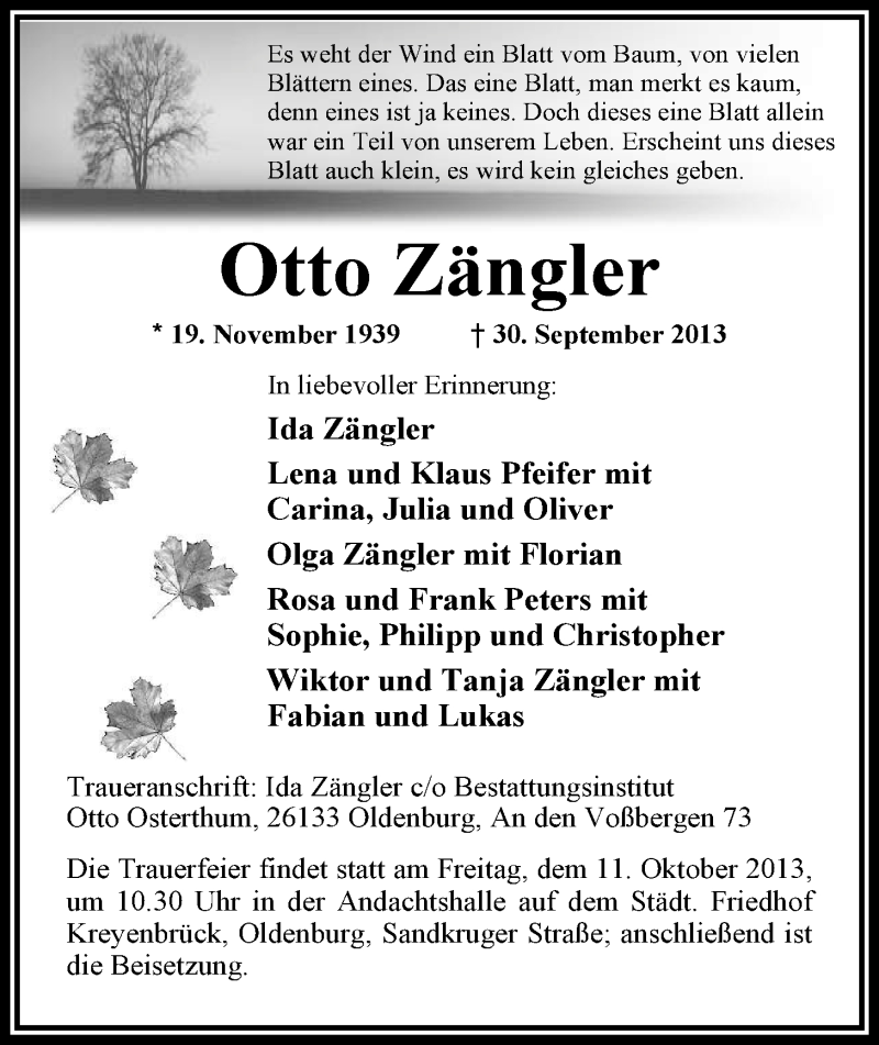  Traueranzeige für Otto Zängler vom 05.10.2013 aus Nordwest-Zeitung