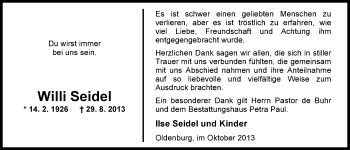 Traueranzeige von Willi Seidel von Nordwest-Zeitung