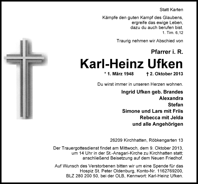  Traueranzeige für Karl-Heinz Ufken vom 07.10.2013 aus Nordwest-Zeitung