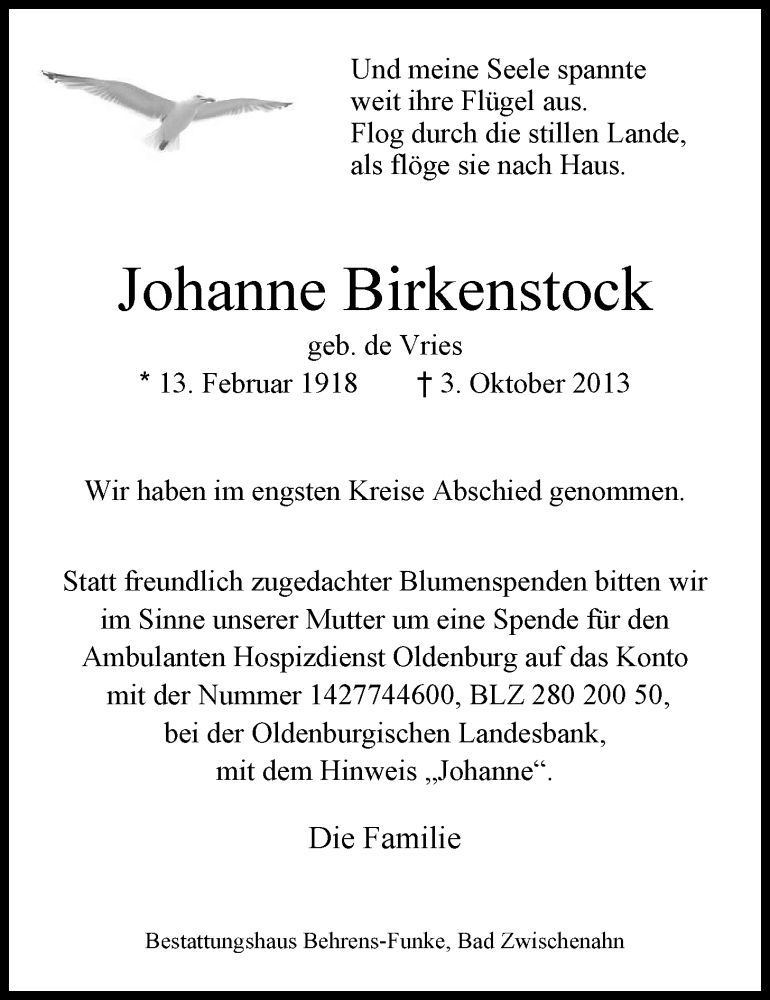  Traueranzeige für Johanne Birkenstock vom 11.10.2013 aus Nordwest-Zeitung