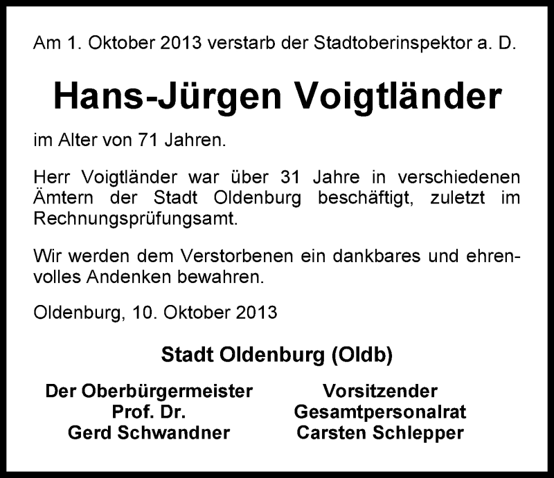  Traueranzeige für Hans-Jürgen Voigtländer vom 10.10.2013 aus Nordwest-Zeitung