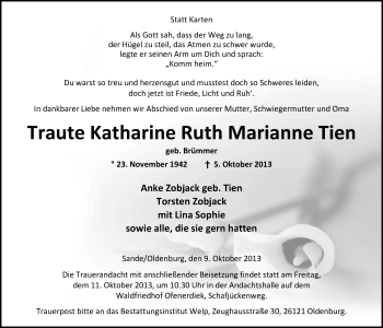 Traueranzeige von Traute Katharine Ruth Marianne Tien von Nordwest-Zeitung