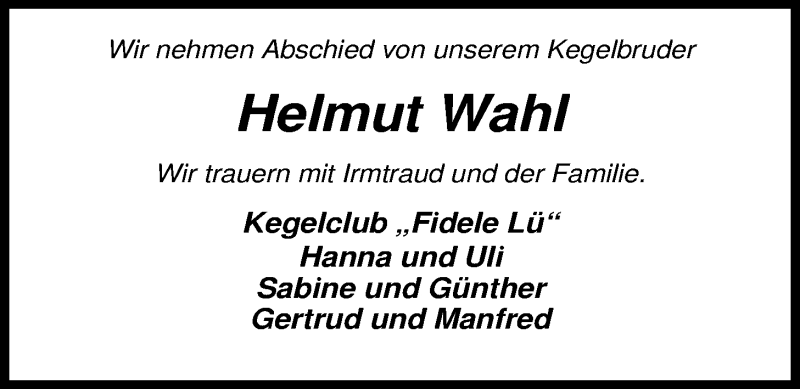  Traueranzeige für Helmut Wahl vom 09.10.2013 aus Nordwest-Zeitung
